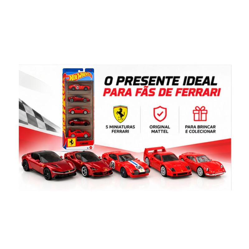 Hot Wheels Ferrari Pack com 5 Carrinhos de Corrida 1:64 - Mattel